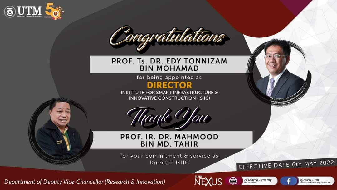 Setinggi- tinggi tahniah diucapkan kepada Prof. Ts. Dr. Edy Tonnizam Mohamad di atas pelantikan