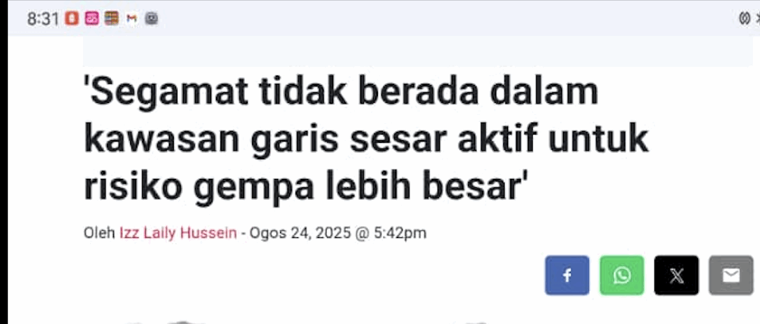 Segamat tidak berada dalam kawasan garis sesar aktif untuk risiko gempa lebih besar