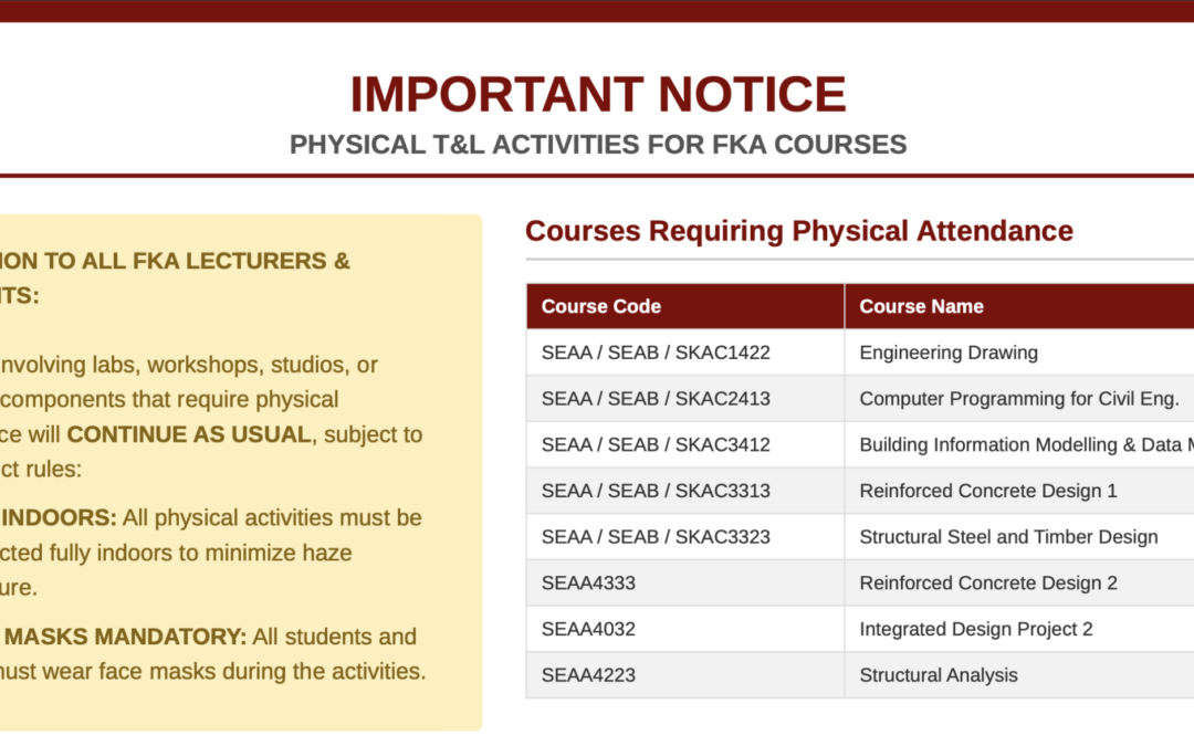 NOTIFICATION ON THE IMPLEMENTATION OF PHYSICAL TEACHING AND LEARNING (T&L) FOR RELEVANT FKA COURSES