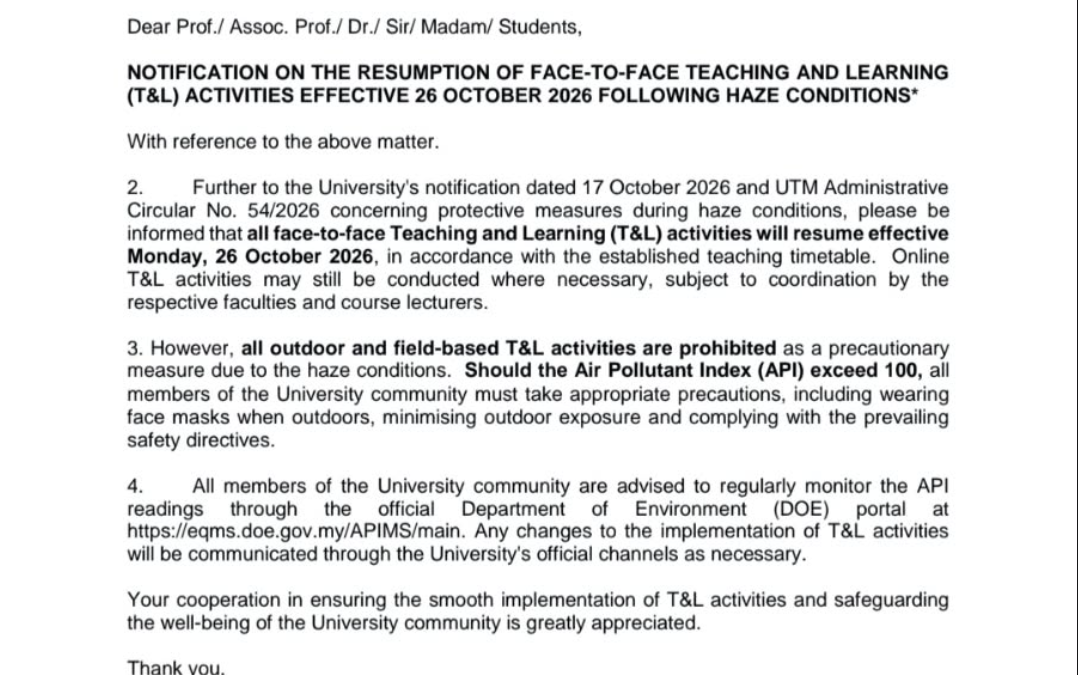 NOTIFICATION ON THE RESUMPTION OF FACE-TO-FACE TEACHING AND LEARNING (T&L) ACTIVITIES EFFECTIVE 26 OCTOBER 2026